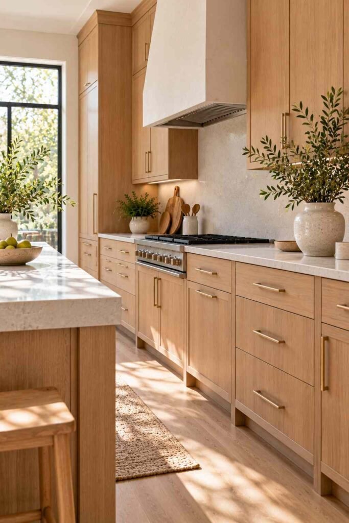 White oak kitchen cabinets with visible natural grain.