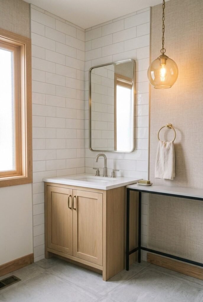 30 Bathroom Vanity Ideas: Single Sink for Small, Medium, and Large Spaces 8 White oak Shaker single sink vanity with brushed nickel faucet and subway tile