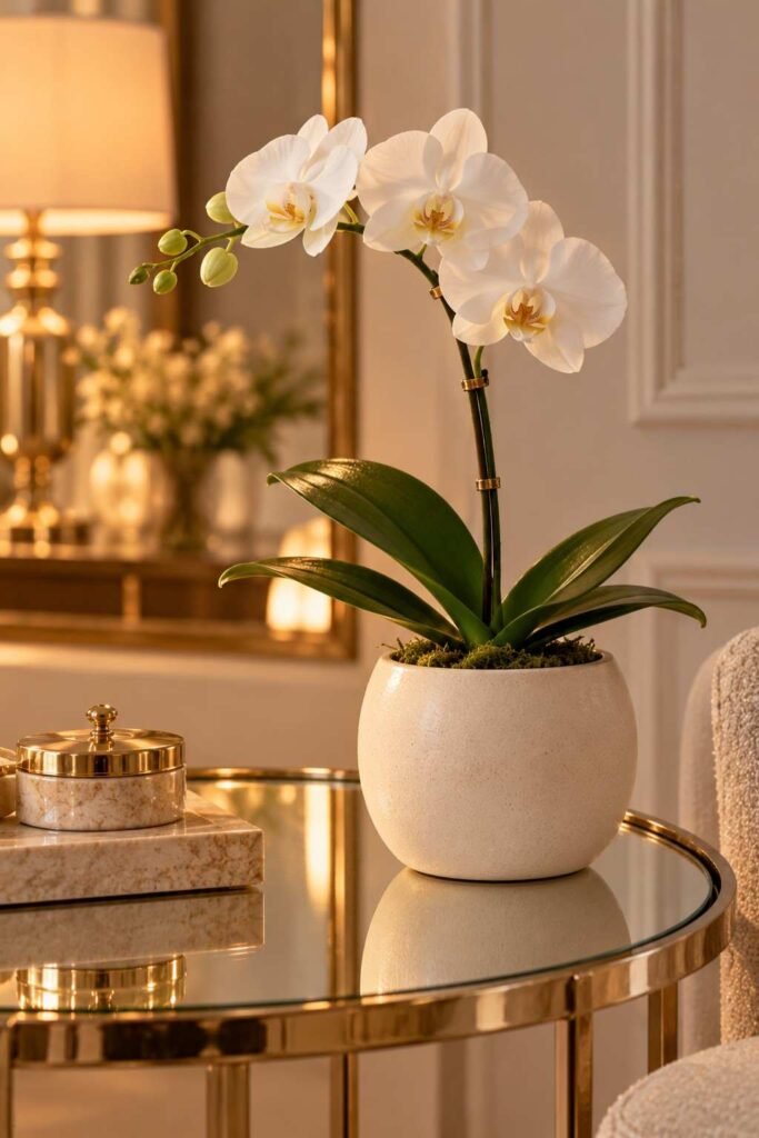 White orchid in a matte ceramic pot on a mirrored side table.
