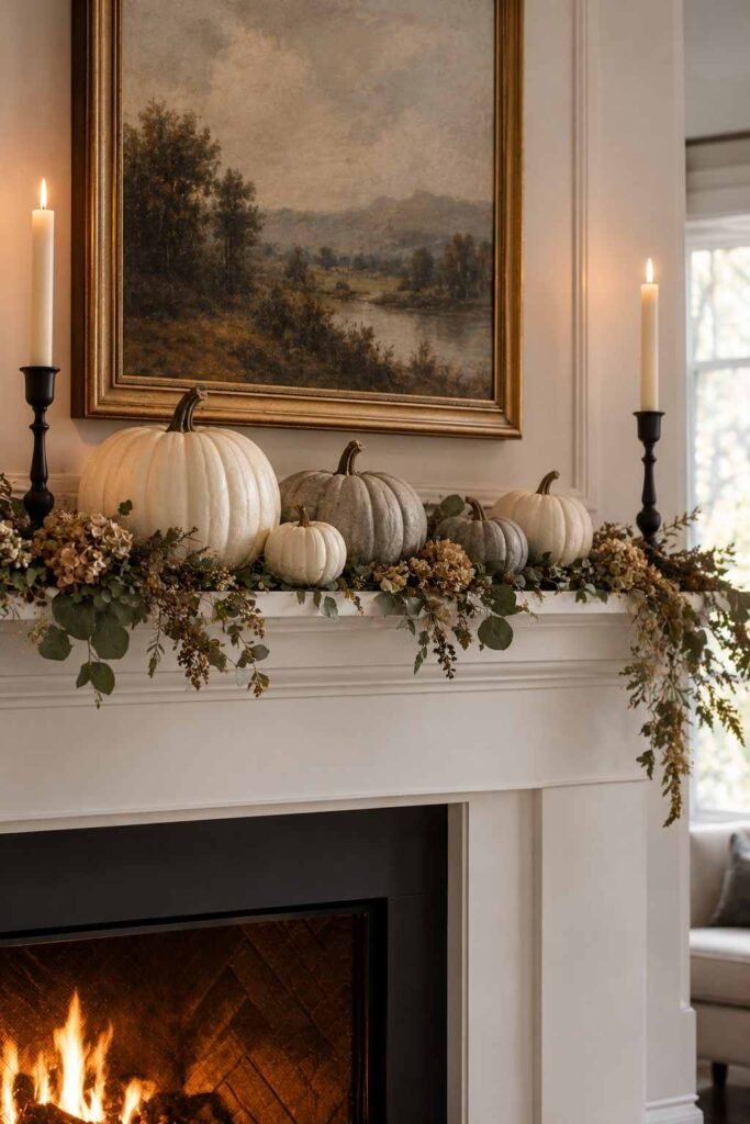 28 Halloween Mantel Decor Ideas: Spooky, Elegant and Family-Friendly Styles 10 White pumpkins lined up on a modern minimalist mantel with black candleholders.