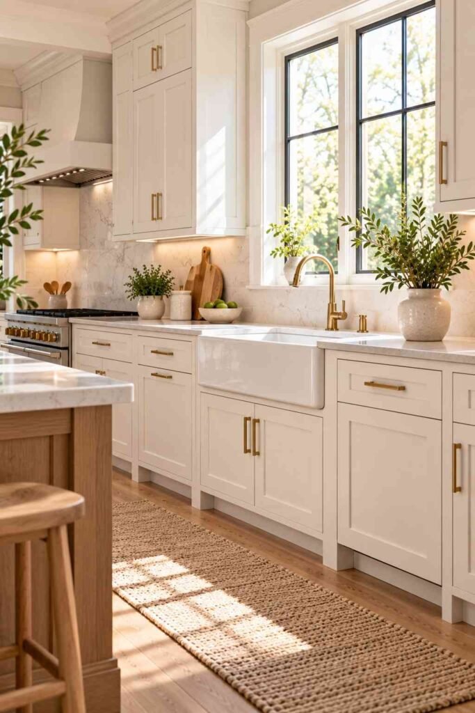 White shaker cabinets with simple bar pulls in a bright kitchen.