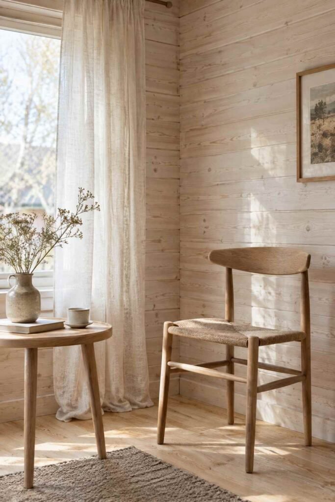 White-washed pine plank walls in a small Scandinavian-style shed room.
