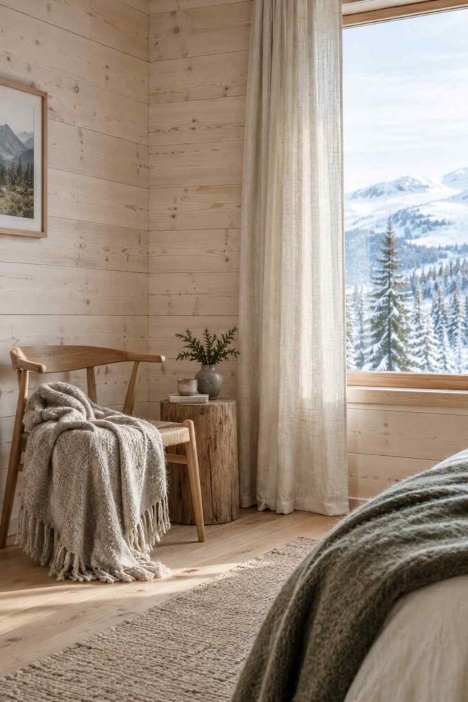27 Scandinavian Mountain Interior Design Ideas: Ways to Create a Warm Nordic Cabin 3 Whitewashed pine wall paneling in a bright Scandinavian cabin room
