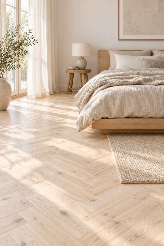 30 Scandinavian Interior Design Ideas with Wood Block Flooring for a Warm, Light-Filled Home 11 Whitewashed pine wood block flooring in a calm Scandinavian bedroom with linen bedding