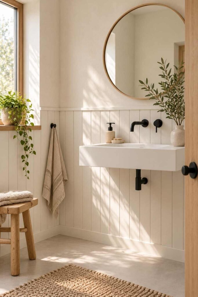 Whitewashed tongue-and-groove paneling behind a wall-hung sink in a Scandinavian bathroom