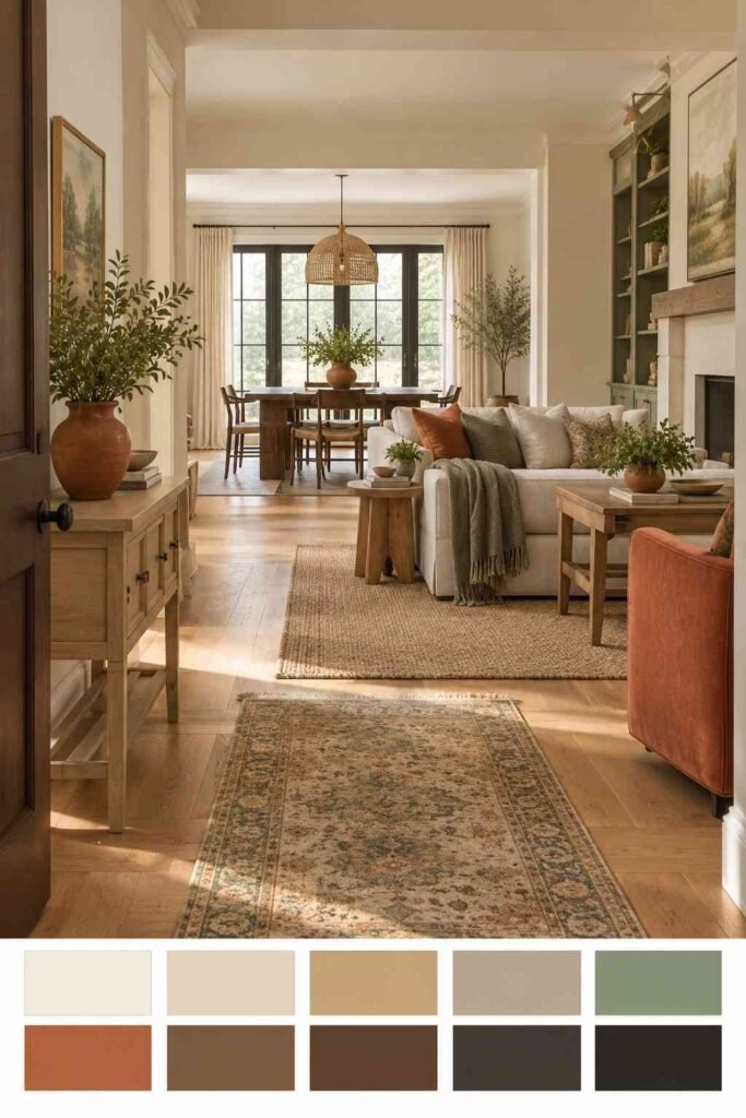 Connected hallway, living room and dining area in one palette, with a 10-color swatch strip below