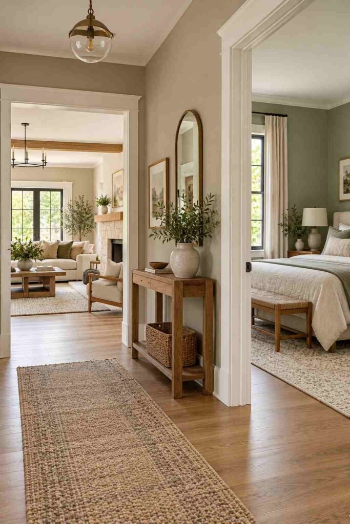 Hallway with greige walls flowing into sage and neutral rooms for a cohesive whole-house color scheme