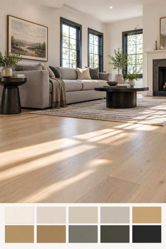 25 Stunning Home Remodeling Living Room Ideas to Refresh Your Space 11 Living room with wide-plank engineered hardwood floors and neutral furniture, with a swatch strip of floor and wall tones below.