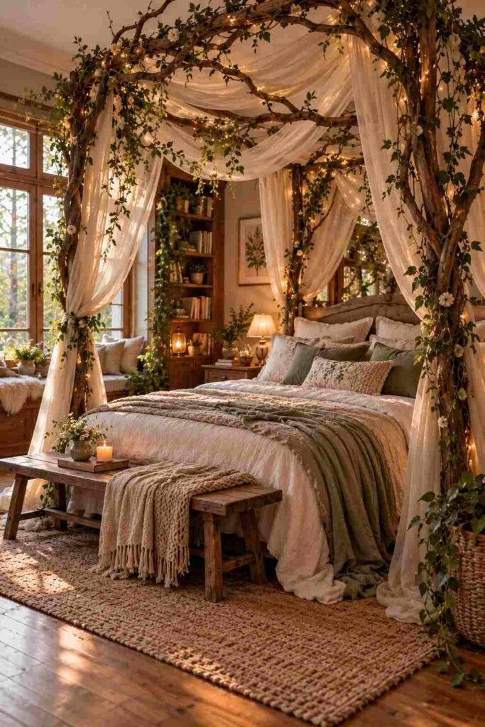Natural willow branch canopy frame with sheer fabric over a bed