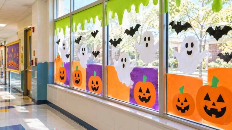 School hallway window with paper ghosts, pumpkins, and bats