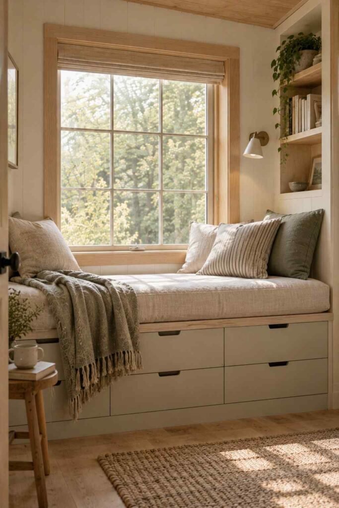 Window-seat daybed with drawers beneath in a small shed home.