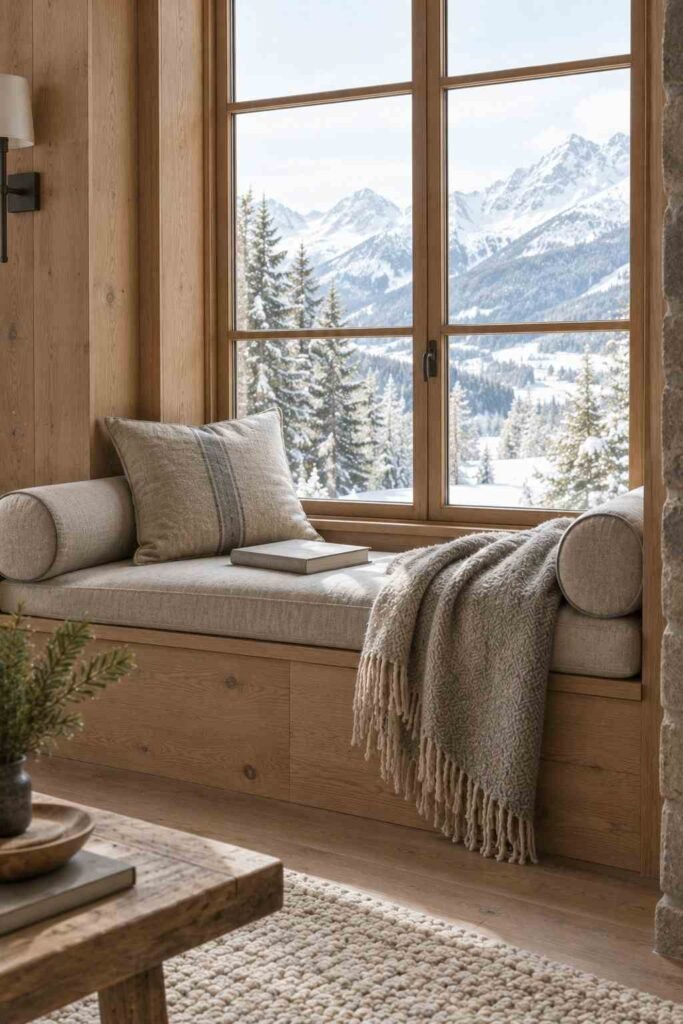 27 Scandinavian Mountain Interior Design Ideas: Ways to Create a Warm Nordic Cabin 10 Built-in window seat with cushions and a mountain view in a Nordic reading nook