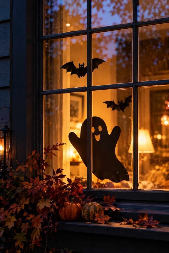 Black cardstock silhouette glowing in a window at night, showing Halloween window decor from outside.