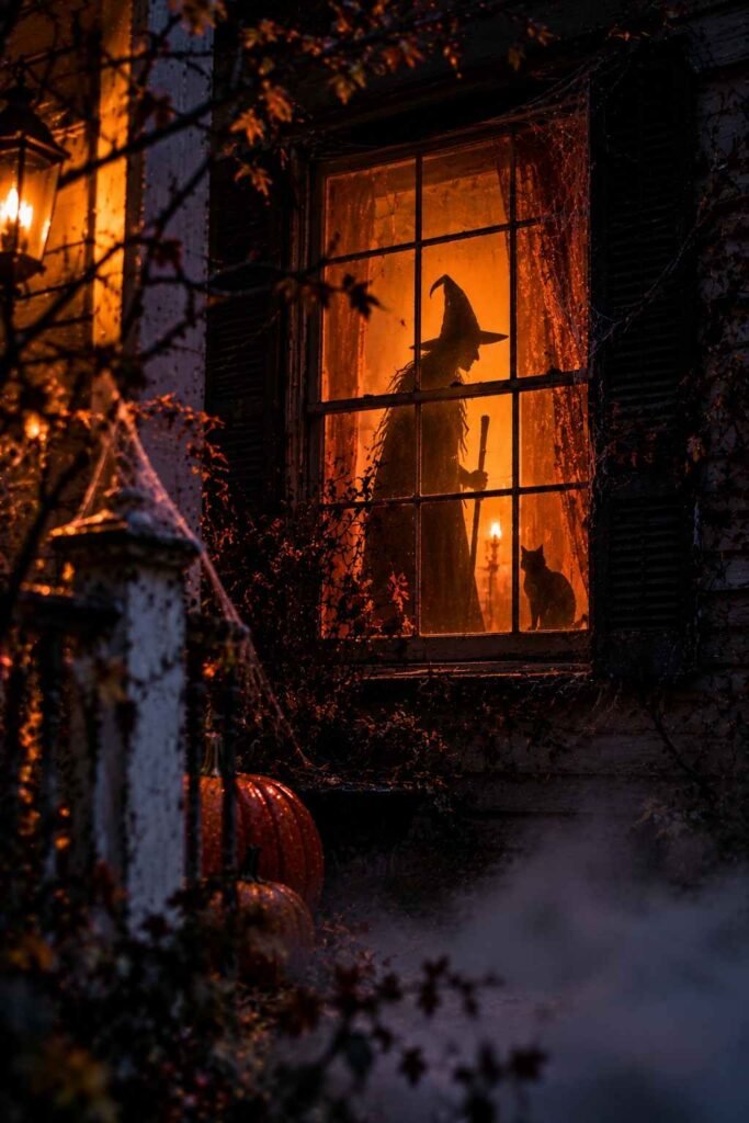 Witch silhouette in a lit window on a spooky Halloween front porch.