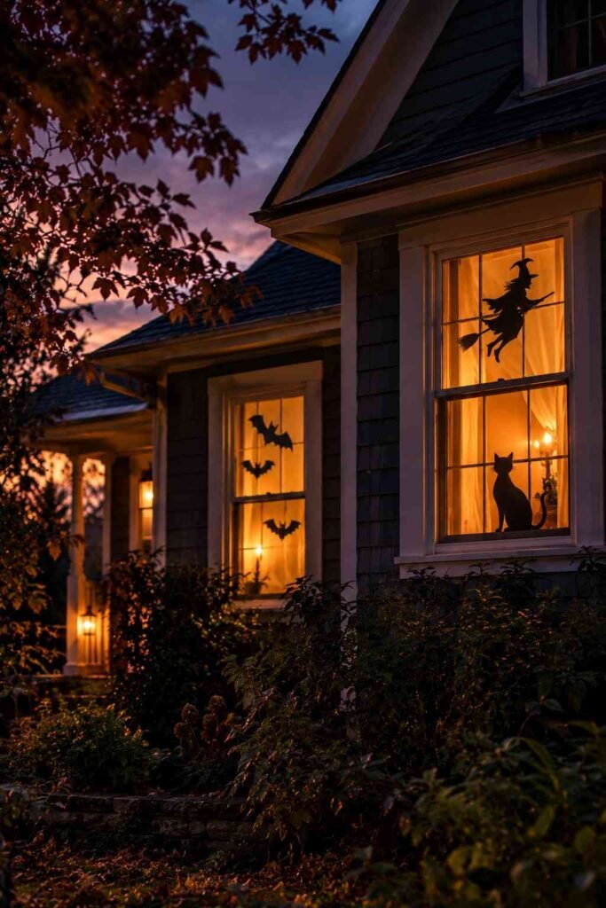 Black bat, cat, and witch silhouettes in glowing house windows at dusk