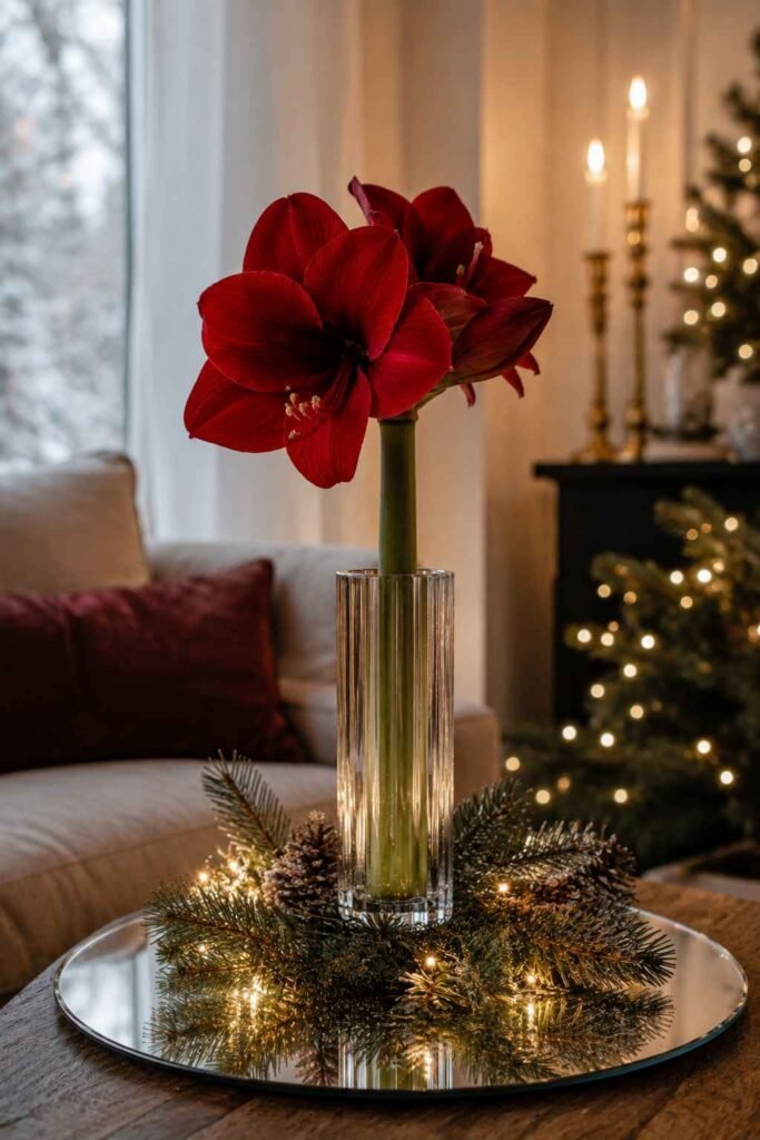 27 Chic Mirror Table Decor with Fresh Flowers Ideas for Home, Weddings, and Parties 14 Red amaryllis with pine sprigs on a round mirror plate in a winter living room