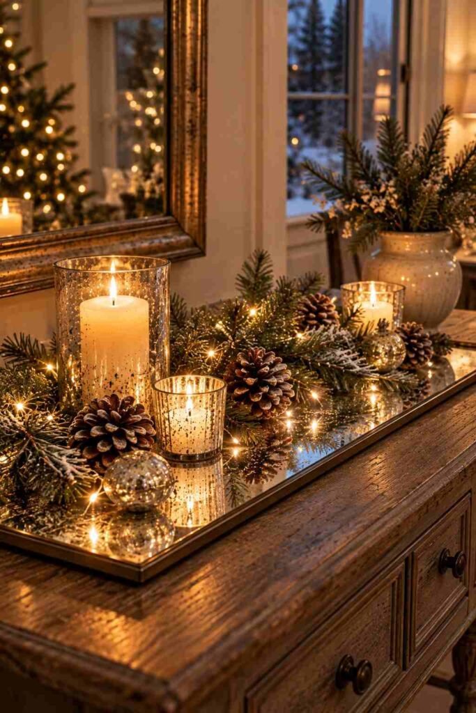 Winter table centerpiece with pine branches and pinecones on a mirror base.