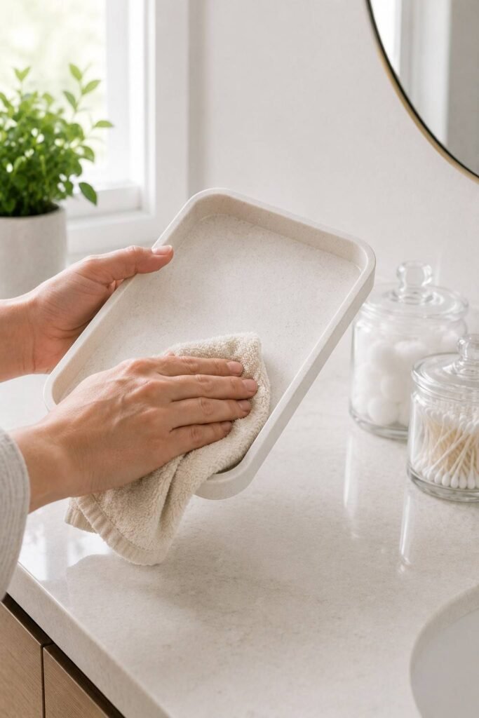 Wiping a bathroom counter tray with a cloth during weekly cleaning