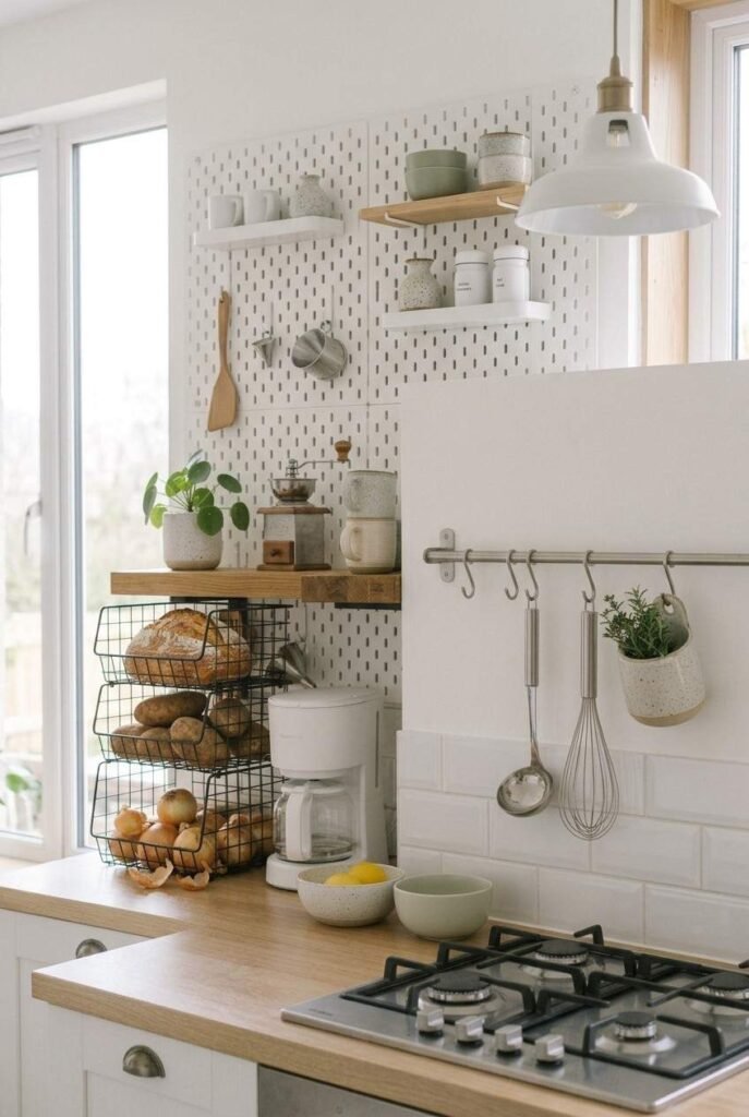 Black wire basket shelf unit holding onions, potatoes, and bread in a kitchen nook