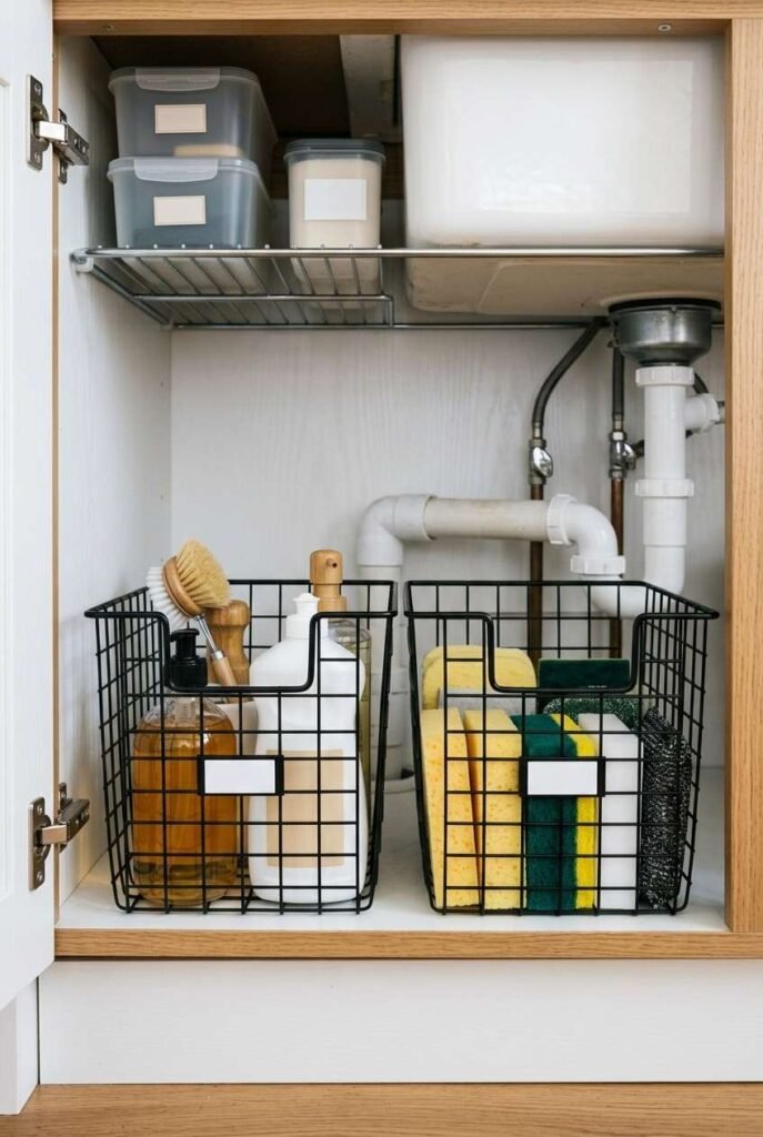 26 Bathroom Storage Ideas Under Sink for a Tidier, Roomier Vanity 8 Wire baskets holding soaps and sponges in a sink cabinet