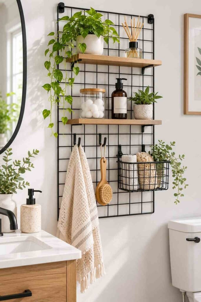 Matte black wire grid panel with small shelves, hooks, and a basket in a bathroom.