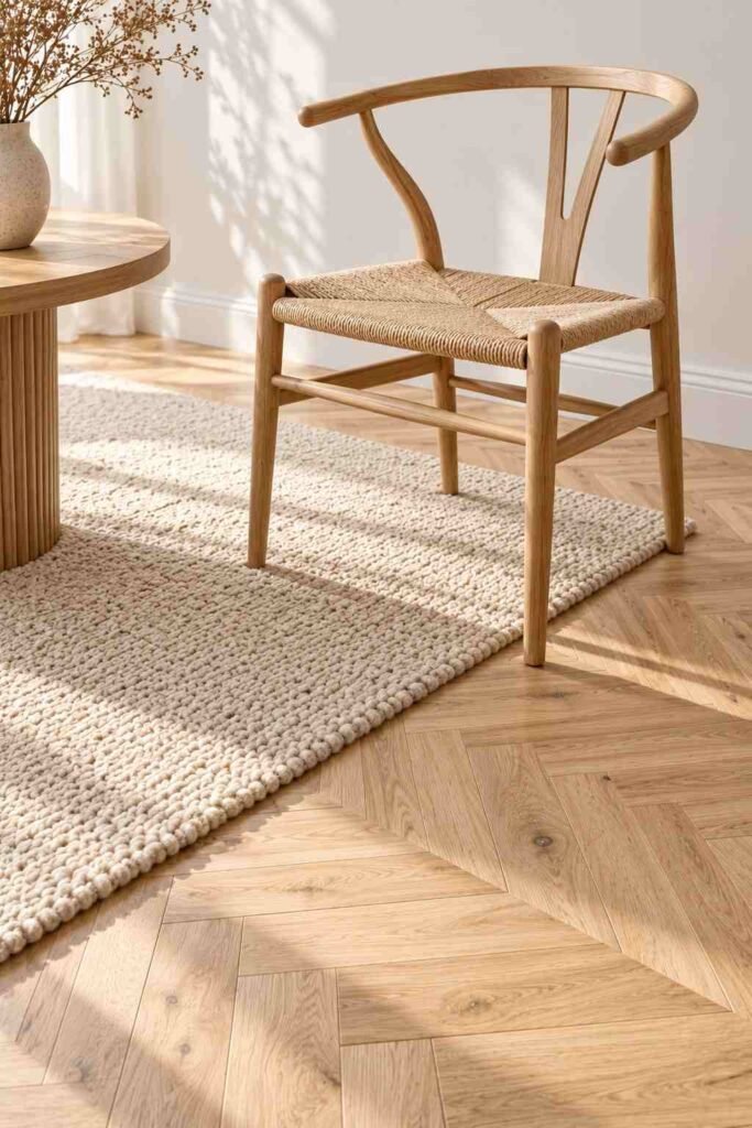 30 Scandinavian Interior Design Ideas with Wood Block Flooring for a Warm, Light-Filled Home 6 Wishbone-style chair and wool rug on an oak wood block floor with visible border