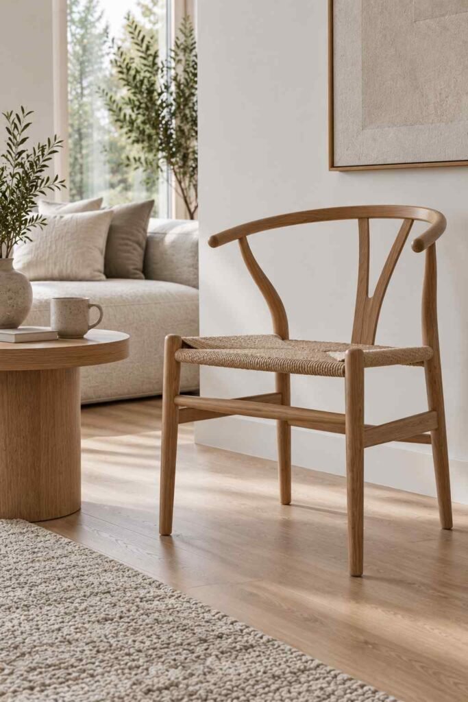 Wishbone-style wooden chair with woven seat in a Scandinavian living room