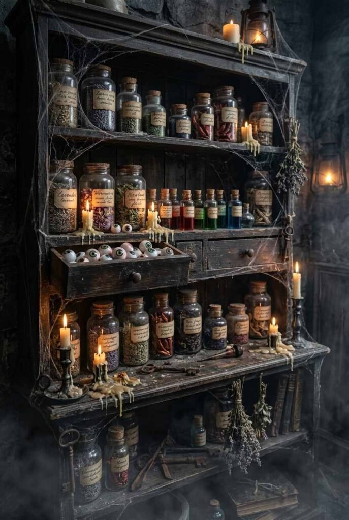 28 Spooky Halloween Theme Ideas to Make October 31 Unforgettable 5 Witch’s apothecary Halloween shelf with glass jars, dried herbs, small bottles and candles.