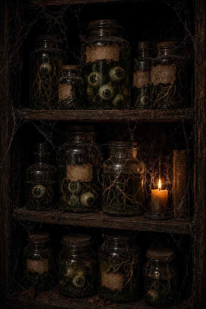 28 Halloween Party Decorations Scary Enough to Terrify Every Guest 13 Glass apothecary jars with murky liquid and plastic eyeballs on a shelf for scary Halloween party decor.