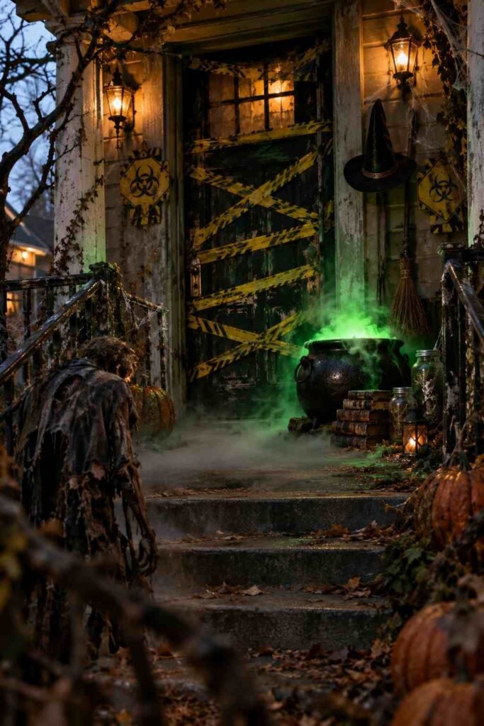 Witch’s cauldron glowing green beside a Halloween front door with books, jars, and a broom.