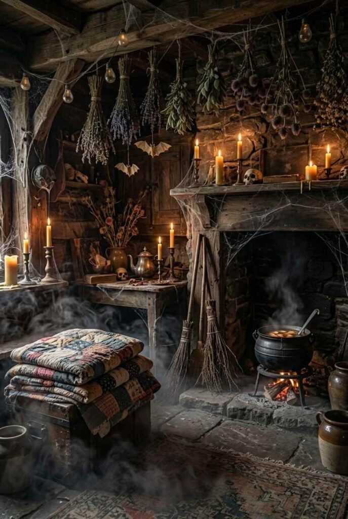 28 Spooky Halloween Theme Ideas to Make October 31 Unforgettable 15 Witch cottage Halloween theme with brooms, herb bundles, quilts and candlelight.