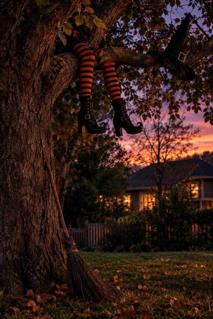 Striped witch legs and boots sticking out of a tree with a broom on the lawn