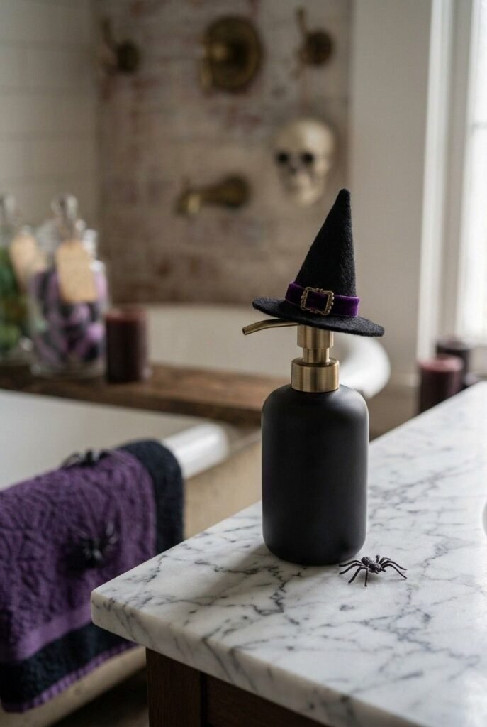 Soap dispenser topped with a mini felt witch hat on a marble bathroom counter