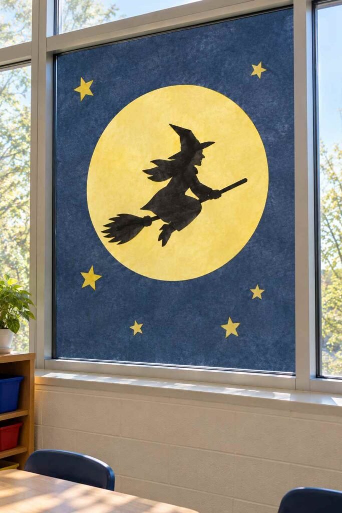 Black paper witch on a broom flying across a pale yellow paper moon on a window.