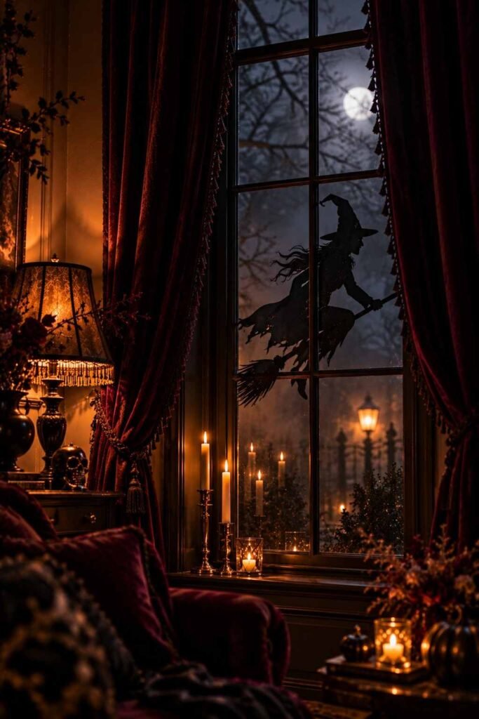 30 Halloween Party Decorations for Adults: Moody, Spooky, Stylish Ideas for Any Home 8 Witch silhouette in a lit window, a simple spooky decoration for an adult Halloween party.