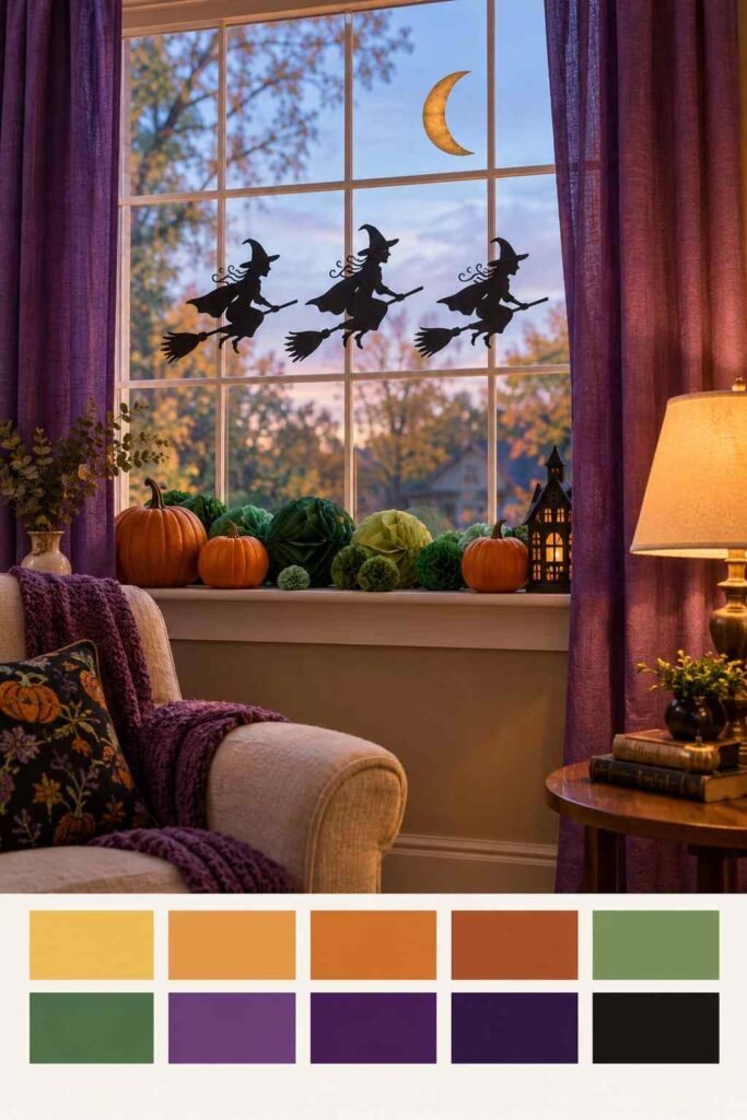 Three witches flying on brooms across a window with a green, orange and purple swatch strip below.