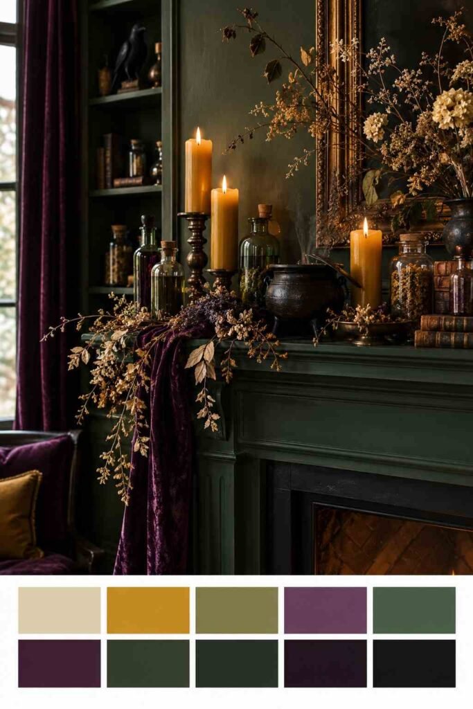 28 Halloween Mantel Decor Ideas: Spooky, Elegant and Family-Friendly Styles 8 Witchy apothecary mantel with potion bottles, plum fabric and a green wall, with a ten-color swatch strip below.
