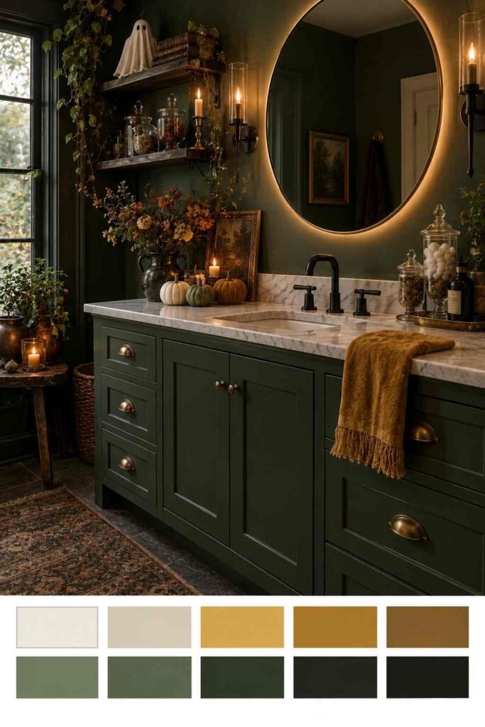 Green Halloween bathroom vanity with mustard towel and mini pumpkins, with a ten-color palette strip below