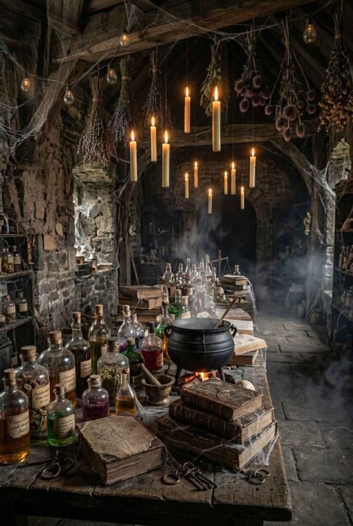 28 Spooky Halloween Theme Ideas to Make October 31 Unforgettable 16 Wizard academy Halloween potions table with floating candles, bottles and a cauldron.