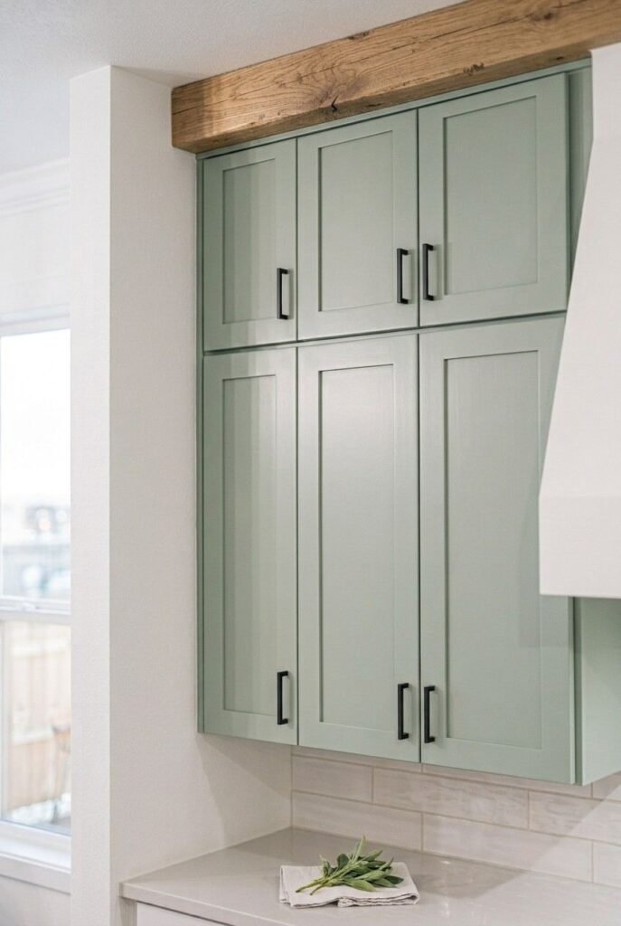 Wood ceiling beam above white kitchen cabinets with matte black hardware.