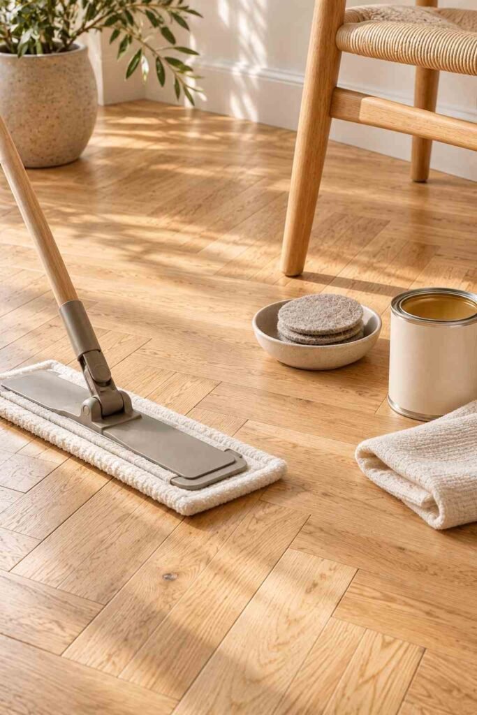 30 Scandinavian Interior Design Ideas with Wood Block Flooring for a Warm, Light-Filled Home 20 Felt pads, a flat mop and hardwax oil used to care for wood block flooring