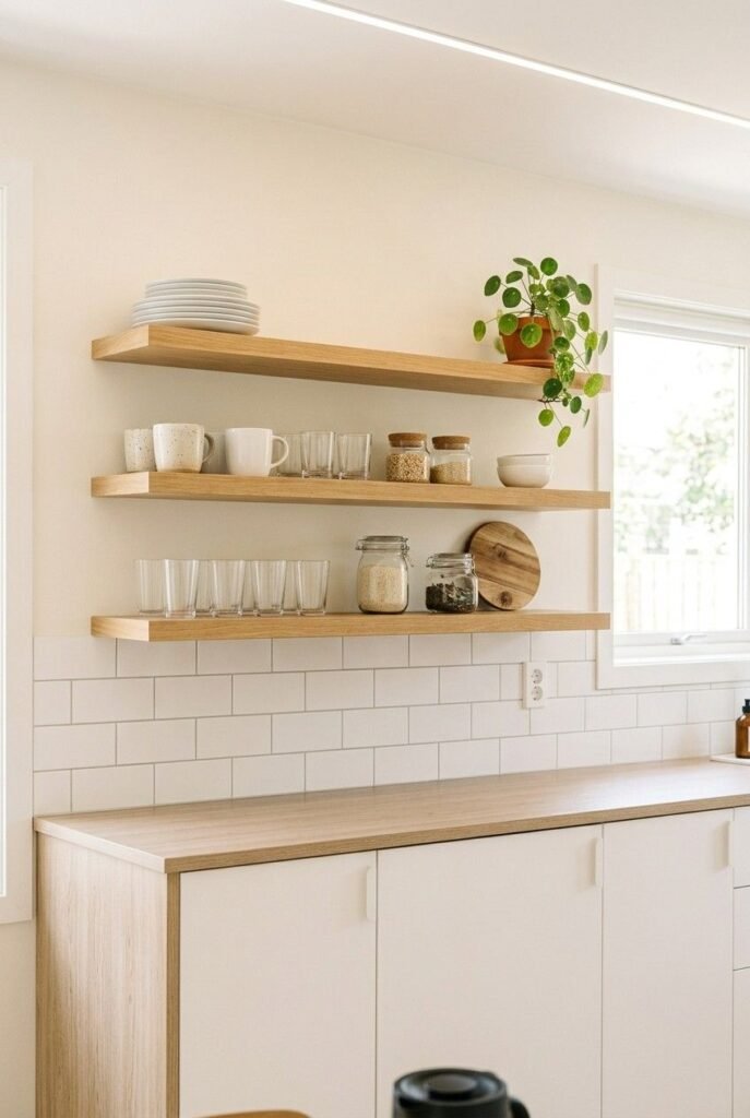 Scandinavian kitchen with light oak floating shelves over a white tile backsplash