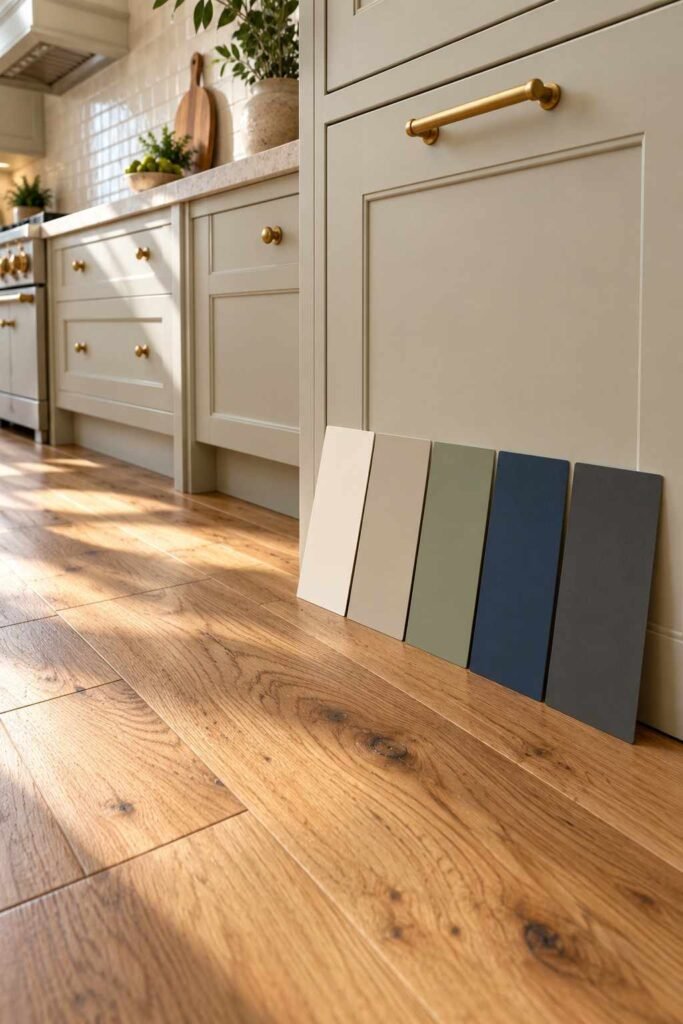 Paint swatch cards held against a kitchen cabinet to compare with wood floor undertones