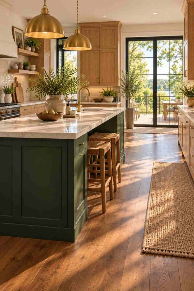 Natural wood kitchen cabinets with a deep green painted island and wood flooring