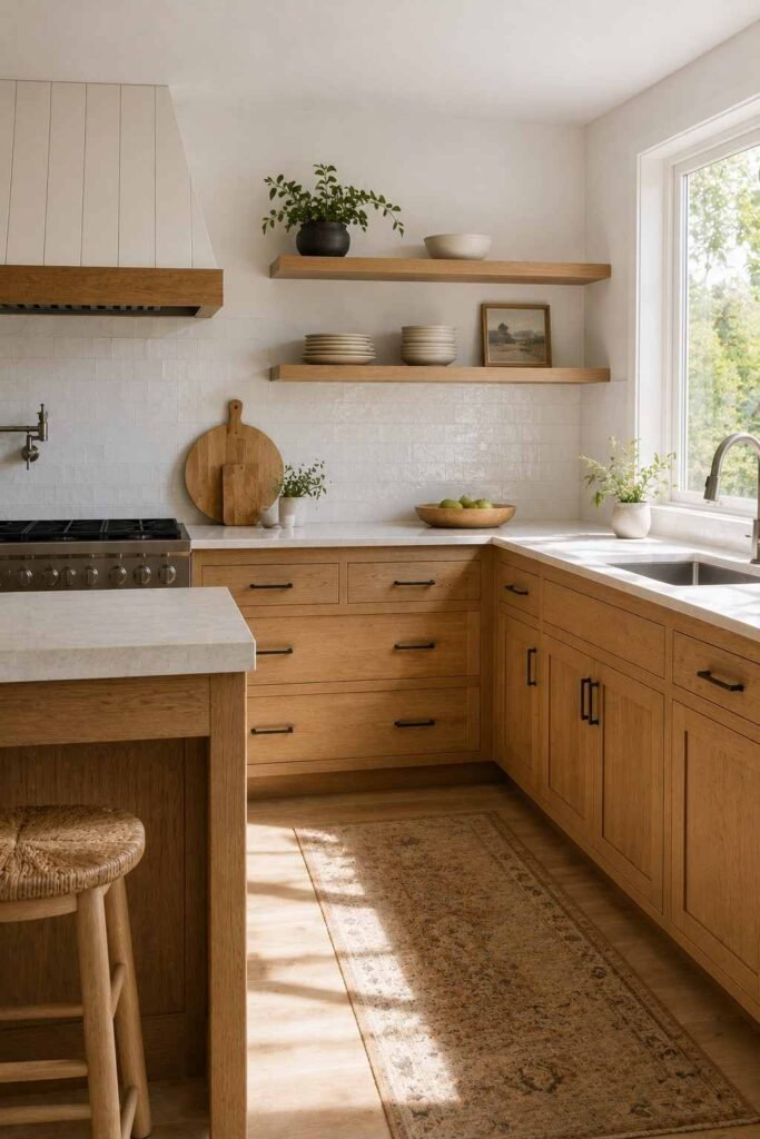 Oak kitchen cabinets with floating oak open shelves holding dishes
