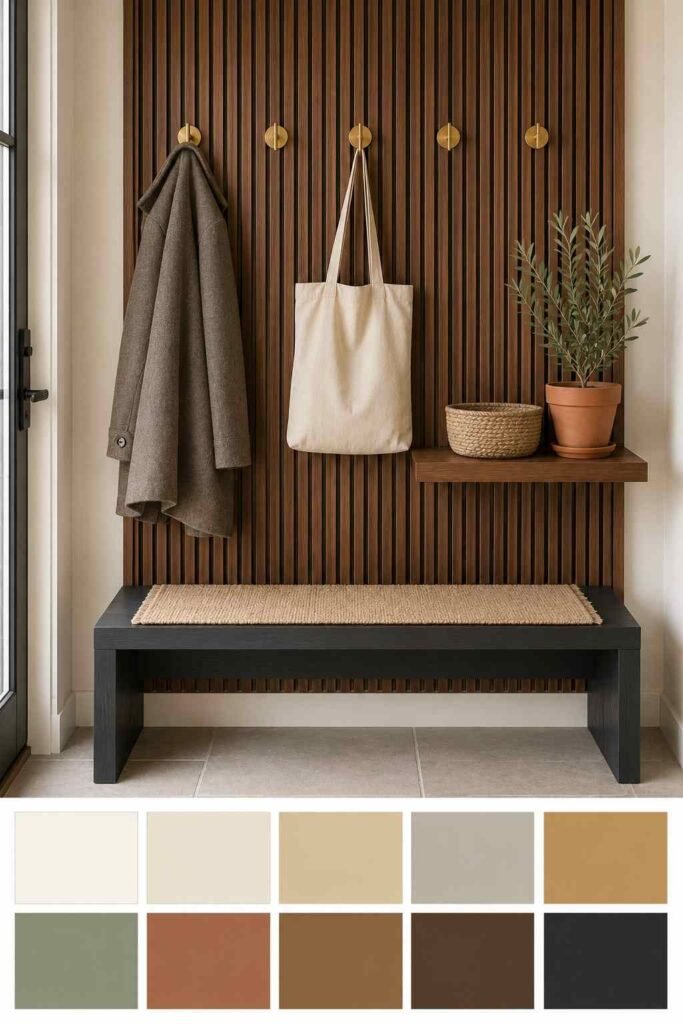 30 Smart Entryway Organization Wall Ideas: for Hooks, Shelves & Storage 18 Walnut slat entry wall with brass hooks and a small shelf above a ten-color palette swatch strip