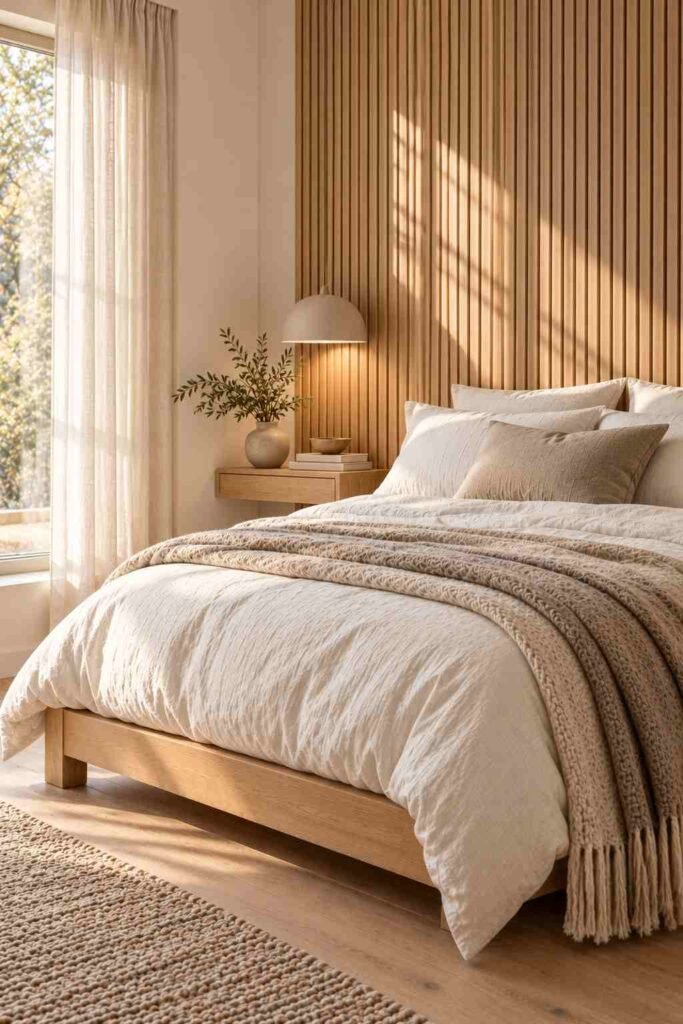 Vertical light oak slat feature wall behind a bed in a Nordic bedroom