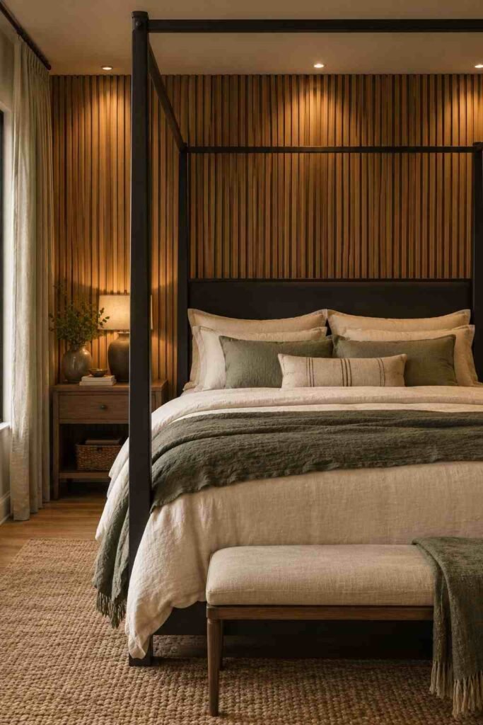 Vertical oak slat paneling behind a canopy bed in a woodland-style bedroom