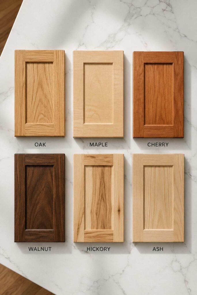 Six cabinet door samples showing oak, maple, cherry, walnut, hickory, and ash wood grain