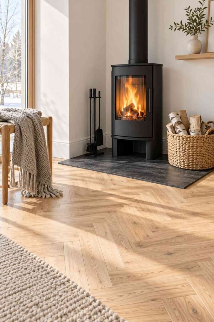 30 Scandinavian Interior Design Ideas with Wood Block Flooring for a Warm, Light-Filled Home 7 Black wood stove on a slate hearth against light oak wood block flooring